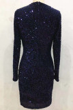 Blue Polyester Sexy Cap Sleeve Long Sleeves O neck Step Skirt skirt Sequin Solid Club Dresses