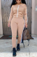 Apricot Sexy Patchwork Slit Bateau Neck Long Sleeve Two Pieces