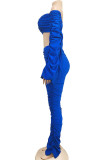 Blue Fashion Sexy Adult Solid Patchwork Fold Bateau Neck Long Sleeve Off The Shoulder Short Two Pieces