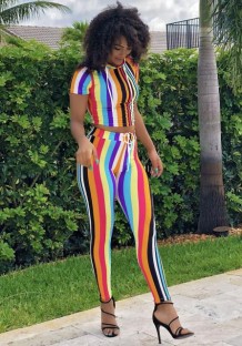 As Show Striped Mid Waist Drawstring-Waist Two-piece suit