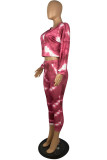 Multicolor Sexy Print Tie-dye O Neck Long Sleeve Two Pieces