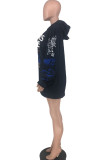 Black Casual Street Letter Print Draw String Pullovers Hooded Collar Tops