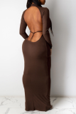 Brownness Sexy Solid Hollowed Out Turtleneck Pencil Skirt Dresses
