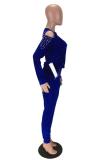 Blue Polyester adult Casual Fashion Solid Two Piece Suits Patchwork diamonds pencil Long Sleeve Two-piec