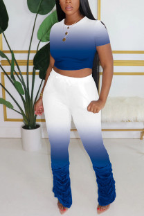 Royal blue Polyester Fashion Sexy adult Ma'am Solid Gradient Two Piece Suits pencil Short Sleeve Two Pieces
