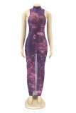 Purple Fashion Sexy Print See-through Backless Turtleneck Sleeveless Dress