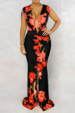 Black and red Sexy Long Sleeves V Neck pleated Floor-Length Print Patchwork Dresses