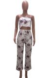 purple Polyester Sexy Fashion Floral crop top Slim fit Print Two Piece Suits asymmetrical Straight Sleevele