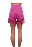 Yellow Denim Button Fly Zipper Fly Mid Solid Patchwork Tassel Straight shorts