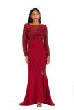 Red Polyester adult Celebrities Fashion Cap Sleeve Long Sleeves O neck A-Line split lace Solid Patchwork