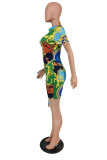 Green Fashion Casual Print Basic Zipper Collar Short Sleeve Dress