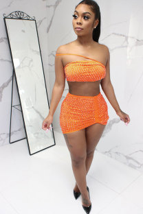 Orange Polyester Sexy Fashion diamonds Solid Patchwork Hip skirt Sleeveless Two-Piece Dress