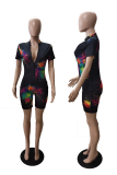 Black Sexy Patchwork Tie-dye Mandarin Collar Skinny Rompers