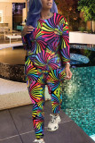 Pink Polyester Fashion adult Casual Fluorescent Print Two Piece Suits Gradient contrast color pencil Long