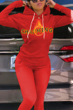 Red Sportswear Letter Print Patchwork Hooded Collar Long Sleeve Two Pieces