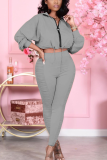 Grey Casual Solid Split Joint Turndown Collar Half Sleeve Two Pieces