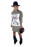 Grey Casual Fashion adult Cap Sleeve Long Sleeves O neck Step Skirt Mini Print Long Sleeve Dre
