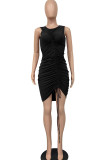 Black Fashion Celebrities adult Ma'am Tank Sleeveless O neck Step Skirt Knee-Length Solid Draped Dresses