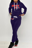 purple Fashion Casual Letter Print Hooded Collar Long Sleeve Two Pieces