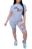 Light Blue venetian Fashion Casual adult Ma'am Letter Patchwork Print Two Piece Suits pencil Short Sleeve Two Pieces
