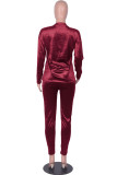 Wine Red Casual Solid Split Joint O Neck Long Sleeve Two Pieces