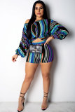 Blue Sexy Fashion Striped Print Patchwork Straight Two-Piece Short Set