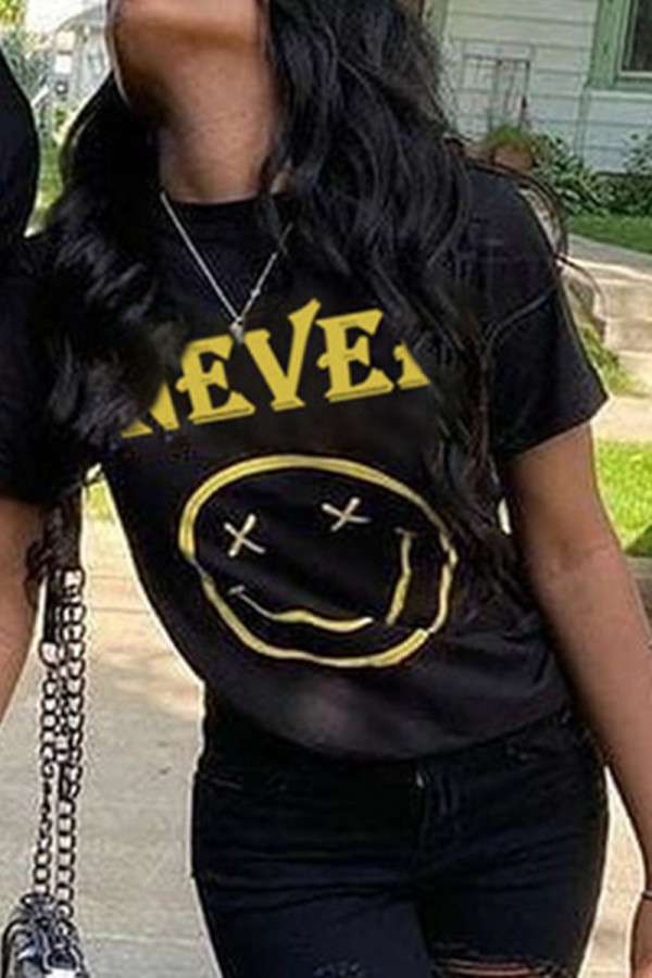 Black Fashion Casual Print Basic O Neck Tops