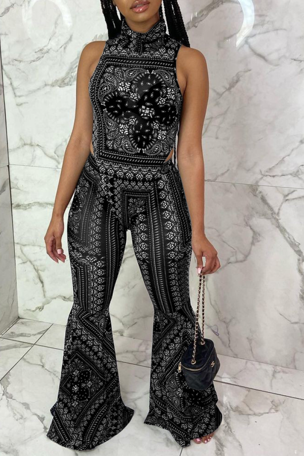 Black Sexy Print Patchwork Turtleneck Sleeveless Two Pieces