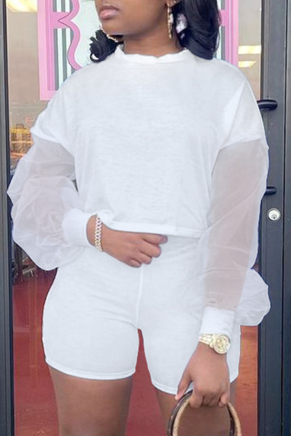 White Street Solid Mesh O Neck Long Sleeve Two Pieces