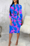 Pink Sexy Polyester Tie Dye Split Joint O Neck Long Sleeve Knee Length Long Sleeve Dress Dresses