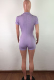 purple Fashion Casual bandage Button Solid Polyester Short Sleeve Turndown Collar Jumpsuits