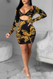 Black Sexy Print Split Joint V Neck Pencil Skirt Dresses