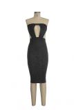 Gold Polyester Fashion Sexy Off The Shoulder Sleeveless Wrapped chest Pencil Dress Knee-Length backless h