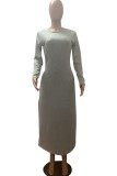 Wine Red Polyester Fashion Casual adult Ma'am Cap Sleeve Long Sleeves O neck Step Skirt Ankle-Length Solid Dresses