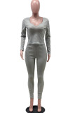 Grey Fashion Casual Adult Solid Patchwork V Neck Long Sleeve Regular Sleeve Regular Two Pieces