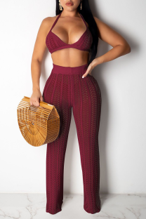 Burgundy Sexy Solid Split Joint Halter Sleeveless Two Pieces