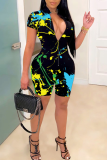 Black Sexy Patchwork Tie-dye Mandarin Collar Skinny Rompers