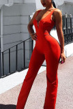 Red Sexy Solid V Neck Skinny Jumpsuits
