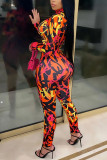 Yellow Casual Print O Neck Regular Jumpsuits