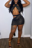 Black Fashion Sexy Patchwork Hollowed Out Backless Halter Sleeveless Two Pieces