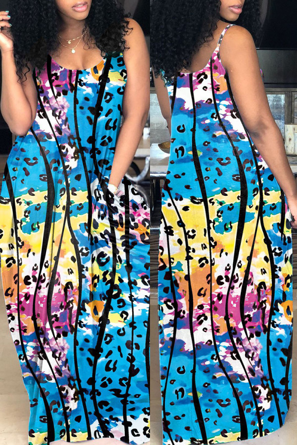 Blue Sexy Casual Print Backless Spaghetti Strap Sleeveless Dress