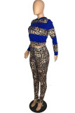Royal Blue Sexy Leopard Patchwork Hooded Collar Long Sleeve Two Pieces