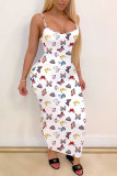 White Polyester Fashion Sexy adult White Pink Spaghetti Strap Sleeveless Slip Step Skirt Ankle-Length Print Patchwork Tie and dye Dresses