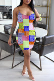 Yellow Fashion Casual Print Backless Spaghetti Strap Sleeveless Dress Dresses