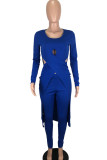 Blue Sexy Solid Split Joint O Neck Long Sleeve Two Pieces