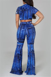 Deep Blue Fashion Casual Print Basic O Neck Short Sleeve Two Pieces