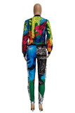 Black Casual Print Patchwork Zipper Collar Long Sleeve Two Pieces