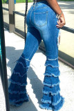 Blue Sexy Polyester Denim Solid Ripped Make Old Skinny Bottoms