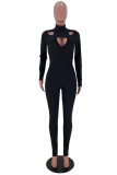 Black Sexy Solid Hollowed Out Turtleneck Jumpsuits