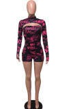 Black street Print letter Backless Hollow Blend Long Sleeve Turtleneck Rompers